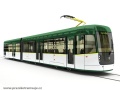 Vizualizace vozu EVO2 v kombinaci bílé a zelené barvy.