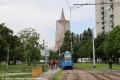 Tatra KT4YU #350 stojí v zastávce Ferenščica. V pozadí věž dominikánského kláštera. | 9.5.2023