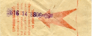Jízdenka ze série Buf označená v metru 6. února 1988. Tisk ze strojku zleva identifikuje nejprve stanici a strojek, dále následuje datum a čas