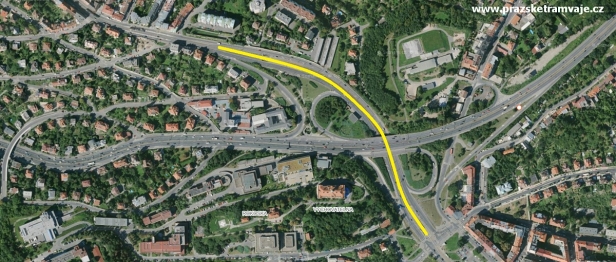 Na leteckém snímku oblasti Vychovatelny je žlutou čarou vyznačen cca 600 metrů dlouhý úsek tramvajové tratě, který byl provozován obousměrně po jedné koleji.