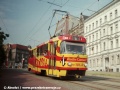 Na městské trati byl zachycen druhý vůz s reklamou na RCL. Tramvaj T3 ev.č.42 před chvílí odstanicovala v zastávce Šaldovo náměstí | 23.8.1997