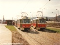 Soupravy vozů T3 ev.č.6321+6323 a ev.č.6525+6373 odstavené ve smyčce Nádraží Braník. | 5.3.1997