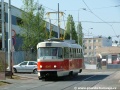 Vůz T3M ev.č.8047 opouští areál Opravny tramvají Ústředních dílen Dopravního podniku. | 30.7.2004