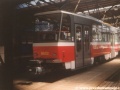 První souprava vozů T6A5 ev.č.8602+8601 vyfotografovaná ve vozovně Motol. | 26.6.1995
