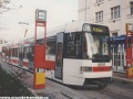 Prototypový vůz RT6N1 ev.č.9051 vypravený na linku 18 manipuluje na vnitřní koleji smyčky Vozovna Pankrác. | listopad 1996